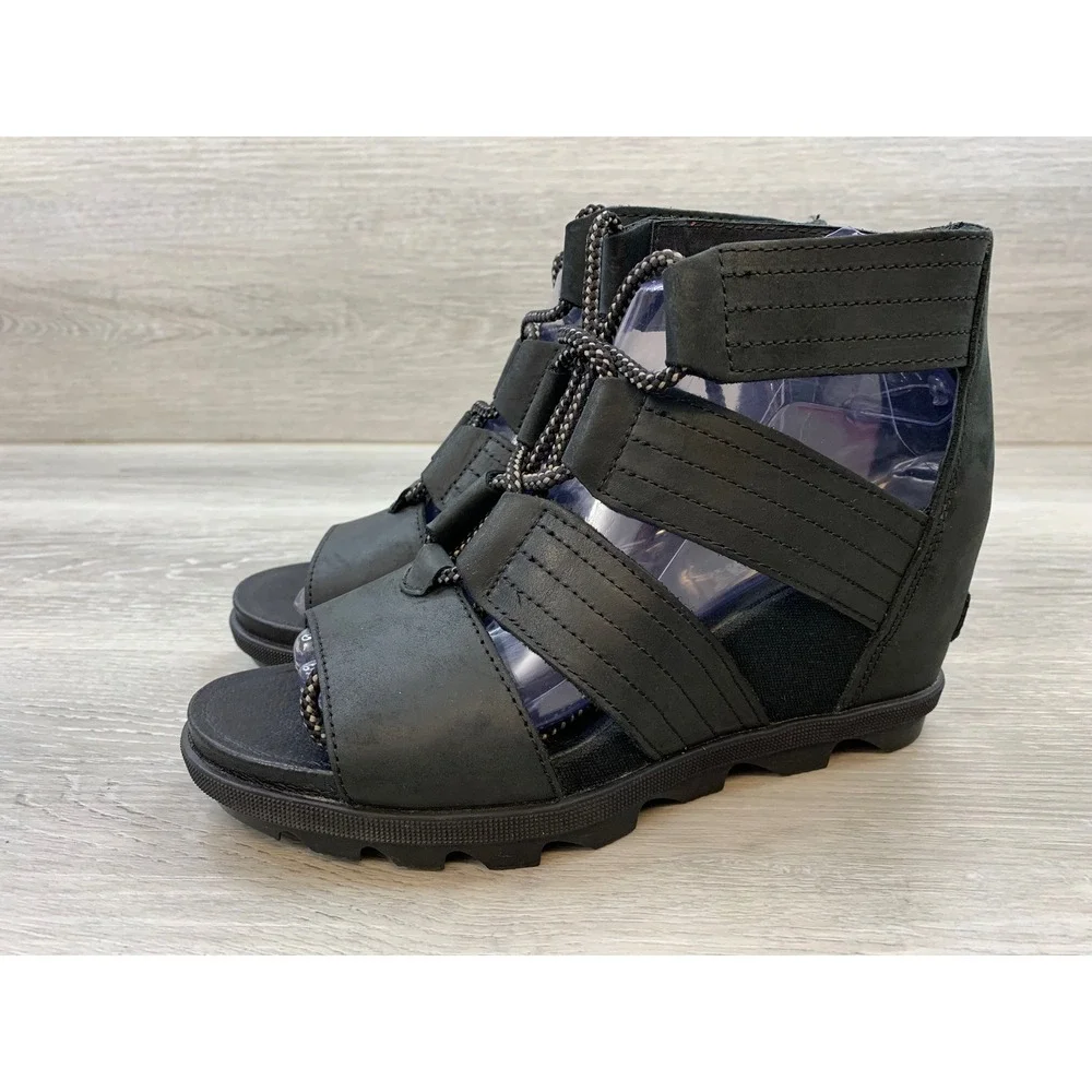 Sorel Joanie II LWomen's Lace Wedge Sandals Black Leather Gladiator 8 Shoes